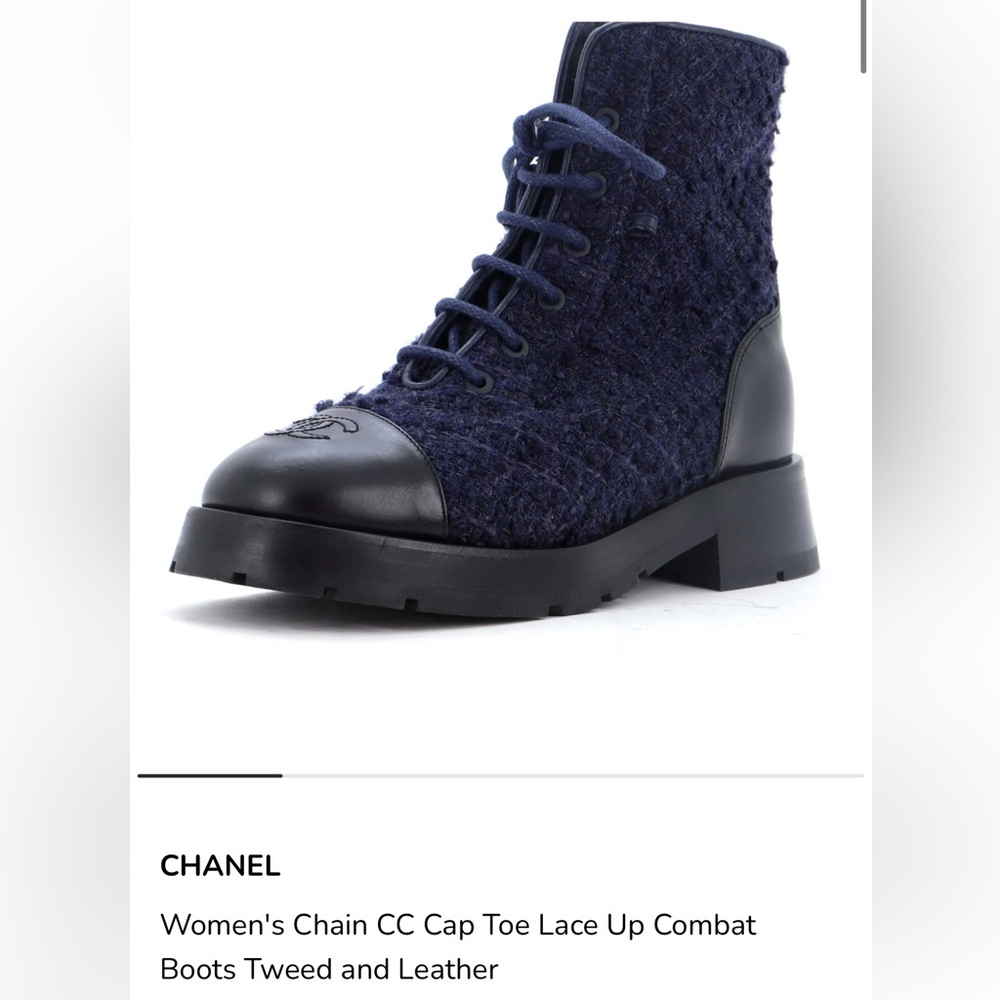 CHANEL Navy Tweed and Black Leather Cap Toe Lace-Up Combat Boots